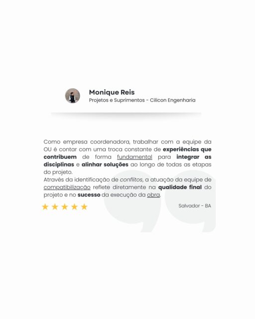 Quem trabalha com a gente também conta a nossa história. 💙
Coordenação e compatibilização são construídas com parceria, comunicação e um olhar atento para cada etapa do projeto.
Receber esse retorno reforça o propósito da Ópera Urbana: conectar equipes, antecipar desafios e contribuir para projetos cada vez mais bem resolvidos.
Obrigada pela confiança, Monique! ✨